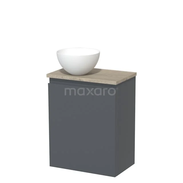 Dunkelgraue Badmöbel mit Holzplatte und weißem Aufsatzwaschbecken, modernes Design, perfekt für einen klaren Badezimmerstil.