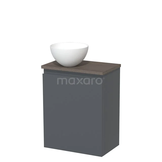 Grijs badkamermeubel met houtkleurig blad en ronde witte waskom, modern design van duurzaam materiaal.