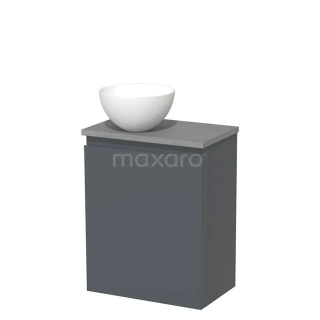 Grijs badkamermeubel met witte komvormige waskom, strak ontwerp, ideaal voor moderne badkamers.