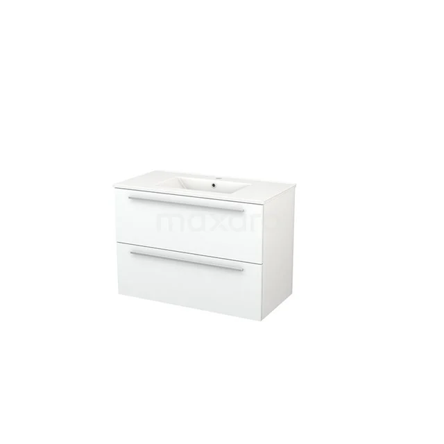 Modulo+ Bathroom furniture with sink | 90 cm Matte white Flat front Ceramic 2 Stacked drawers BMP002930 White bathroom unit with two drawers, sleek metal handles and integrated vanity units with basin, modern design made of high-quality materials.