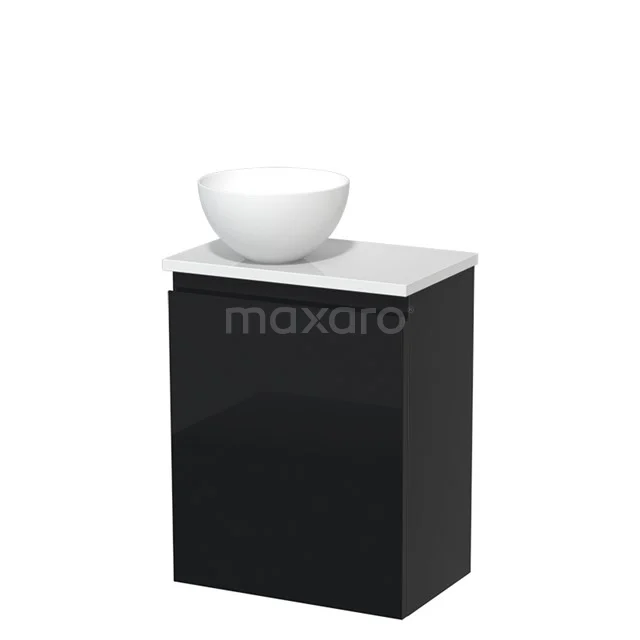 Black bathroom cabinet with white basin bowl, high-gloss finish, compact shape, ideal for modern bathrooms.