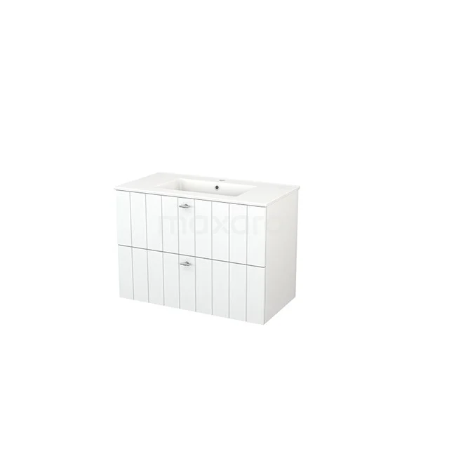 Modulo+ Bathroom furniture with sink | 90 cm Matte white Slat front Ceramic 2 Stacked drawers BMP002934 White bathroom unit with two drawers, modern slat structure, including ceramic basin, ideal for a stylish bathroom.
