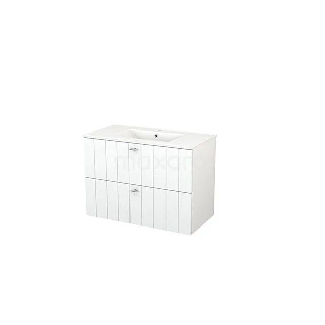 Modulo+ Vanity units with basin | 90 cm Matte white Slat front Ceramic 2 Stacked drawers BMP002938 White suspended bathroom unit with two drawers and integrated vanity units with basin, modern ribbed structure, ideal for stylish bathrooms.