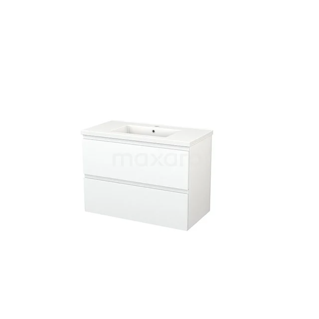 Weiße Badmöbelset mit zwei Schubladen, modernes Design, glänzende Oberfläche, ideal für ein stilvolles und praktisches Badezimmer.