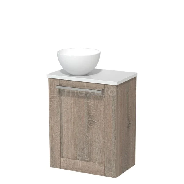 Houten badkamerkastje met marmerlook blad en witte waskom, compact design ideaal voor moderne badkamers.