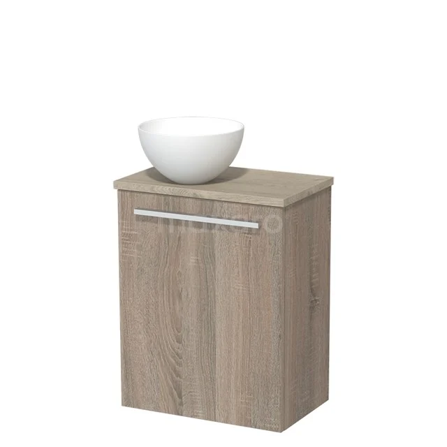 Houten badkamermeubel met lade, modern design, natuurlijke houtlook, inclusief witte keramische waskom.