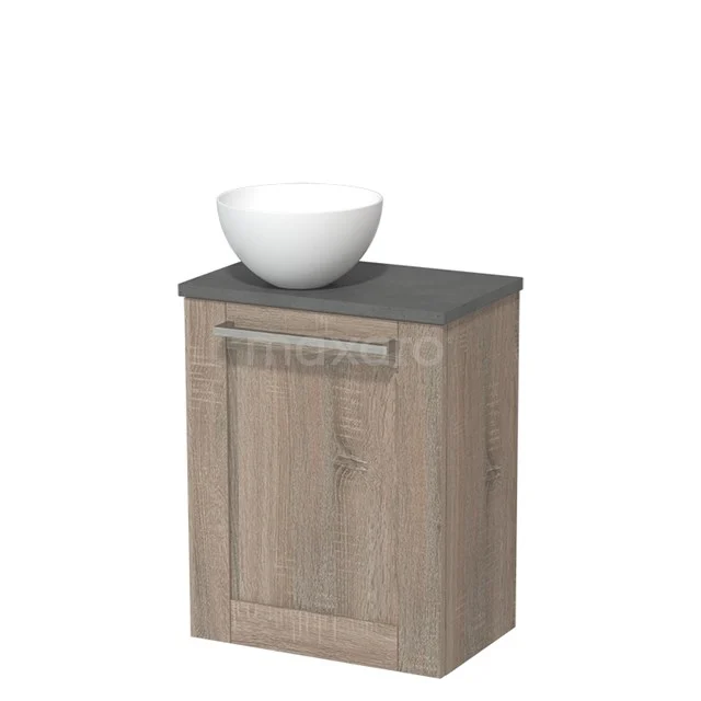 Houten badkamerkast met grijs blad en witte waskom, modern ontwerp, ideaal voor stijlvolle badkameropslag.
