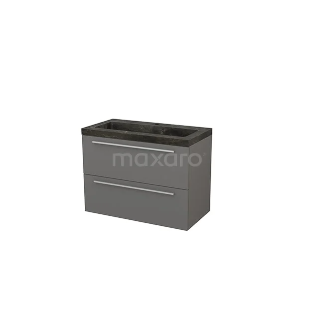 Grey bathroom furniture set with 2 drawers, modern design and black basin worktop; ideal for stylish bathroom storage.