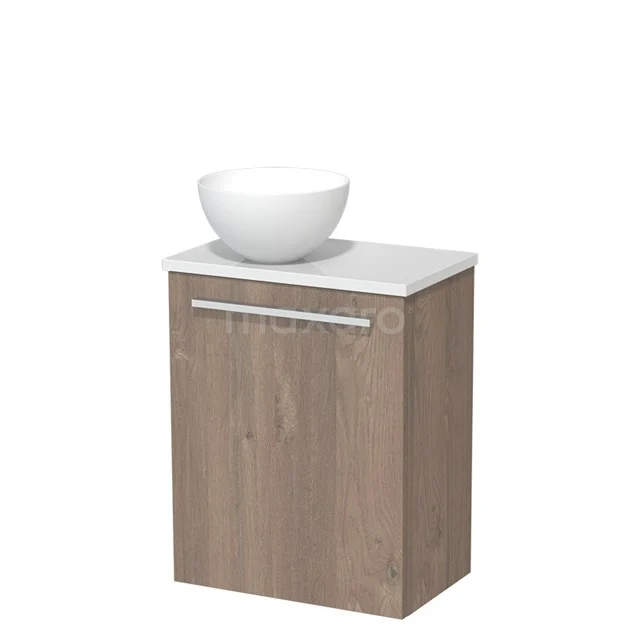 Houten badkamerkast met witte waskom, modern design, softclose lade en natuurlook, ideaal voor compacte badkamers.