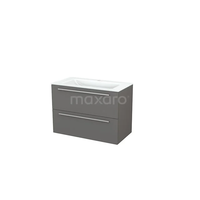 Modulo+ Vanity units with basin | 90 cm Basalt Flat front Glass 2 Stacked drawers BMP002963 Grey floating bathroom cabinet with two drawers and a white basin, clean design, perfect for a modern bathroom style.