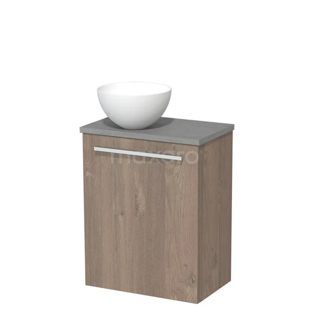 Houten badkamermeubel met grijs blad en witte ronde wastafel, compact design ideaal voor kleine badkamers.