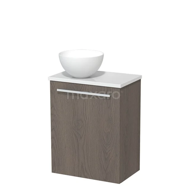 WC-Möbel mit Aufsatzwaschbecken | 41 cm Dunkelbraune Eiche Glatte Front Matt Weiß Aufsatzwaschbecken Hochglanz Weiß TMK10-08745 Holz-Badschrank mit weißem Waschbecken, modernes Design, geeignet für kompakte Badezimmer.