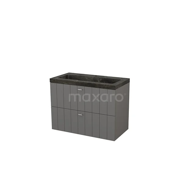 Graue Badmöbelset mit doppelter Schublade und schwarzer Waschtischplatte, modernes Design, ideal für stilvolle Badezimmerlagerung.