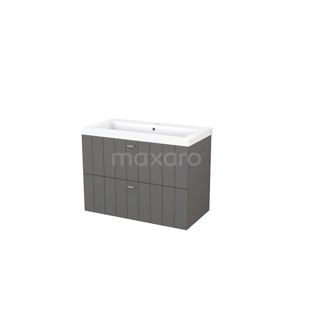 Grey bathroom unit with double basin, white drawers and ribbed wood design, ideal for a modern bathroom.