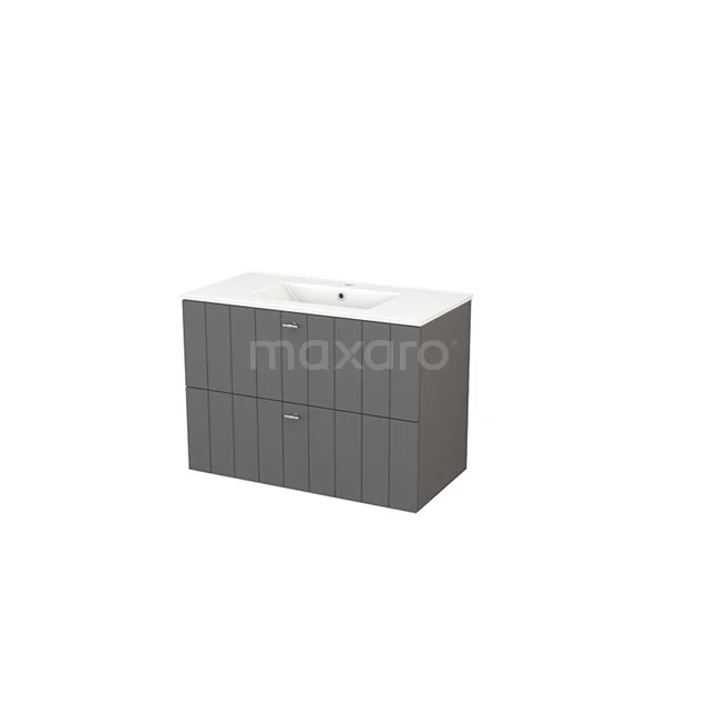 Grey bathroom cabinet with white basin, two drawers and modern wood grain structure. Ideal for stylish storage space in the bathroom.
