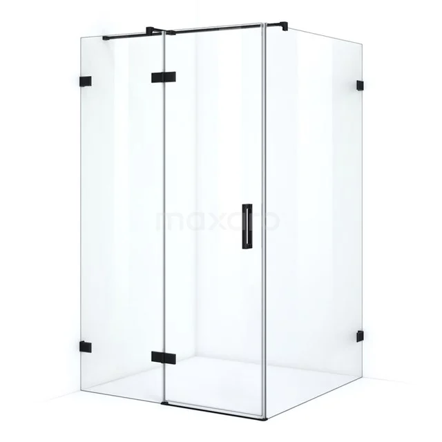 Corner shower cabin with clear glass and black accents, modern design, ideal for stylish bathroom design.