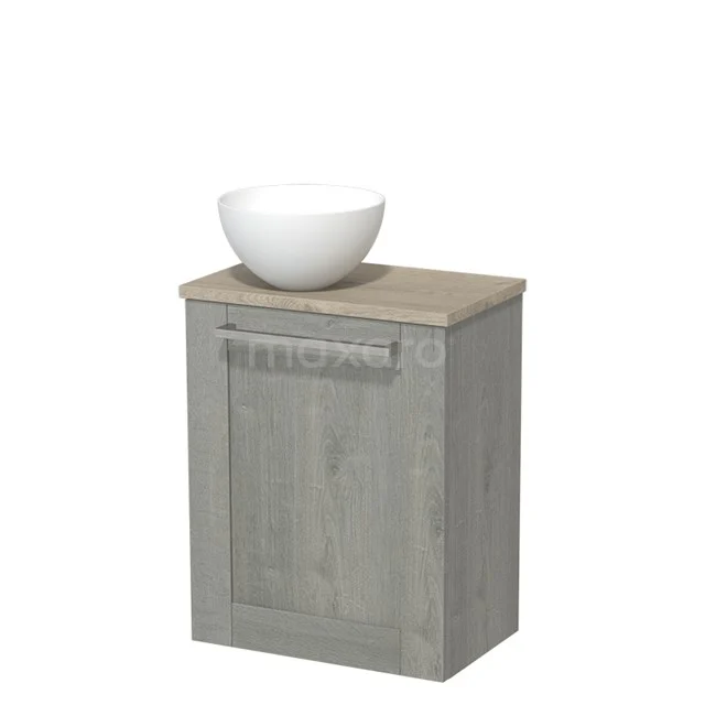 Badschrank Holzoptik Grau mit Waschbecken, kompaktes Design, ideal für kleine Bäder, aus nachhaltigem Material.