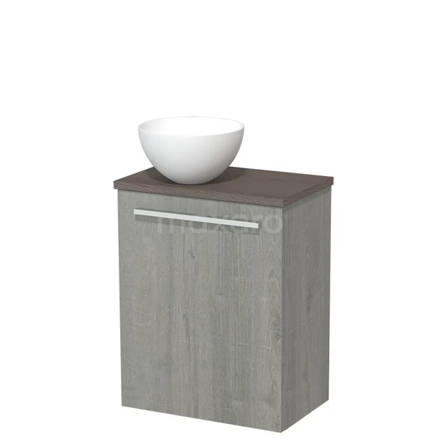 Grey wooden bathroom cabinet with white bowl-shaped basin on top, modern design with sleek metal handle.