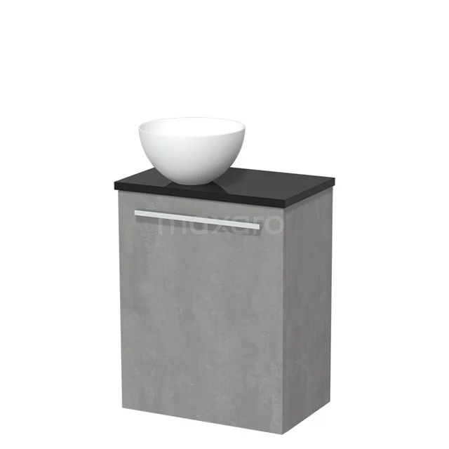 Grey bathroom unit with black top and white vanity units for countertop wash basin, concrete-look finish, ideal for modern bathroom design.