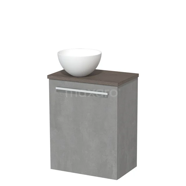 Compact grijs badkamermeubel met wastafel, houtlook blad en minimalistisch ontwerp, ideaal voor een moderne badkamer.