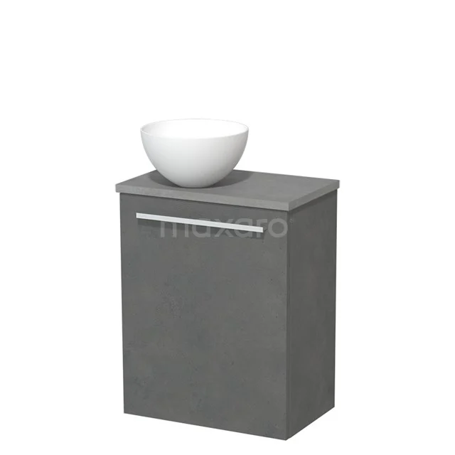 Grijze badkamerkast met wastafelkom, strak design, aluminium handgreep en compact formaat, ideaal voor moderne badkamers.