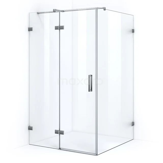 Transparent glass shower enclosure with rectangular design, metal handle and hinges, ideal for a modern bathroom.