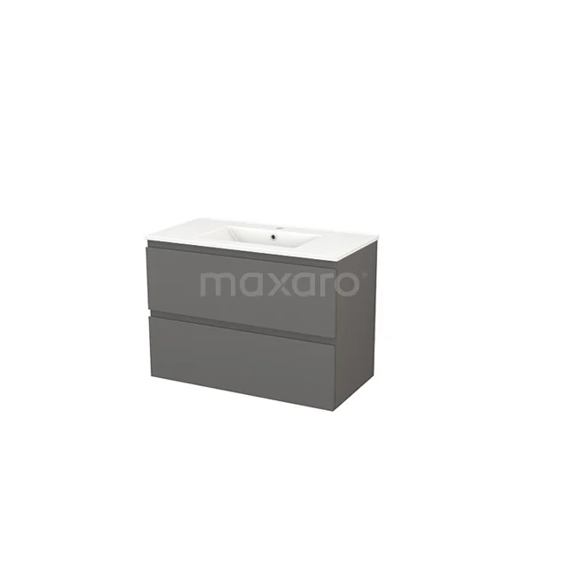 Modulo+ Vanity units with basin | 90 cm Basalt Handle-less front Ceramic 2 Stacked drawers BMP002986 Grey hanging bathroom unit with two drawers and white vanity units with basin, modern design from sustainable wooden series.