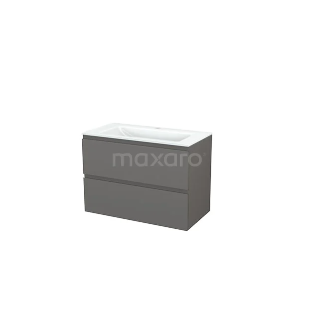Modulo+ Bathroom furniture with sink | 90 cm Basalt Handle-less front Glass 2 Stacked drawers BMP002987 Grey bathroom furniture set with two drawers, sleek design, including white ceramic basin worktop, perfect for modern bathrooms.