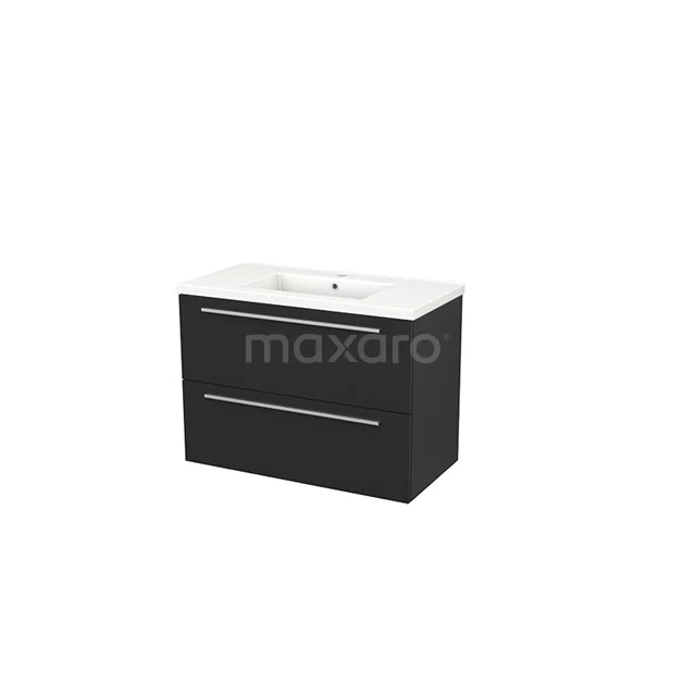 Modulo+ Vanity units with basin | 90 cm Carbon Flat front Ceramic 2 Stacked drawers BMP002988 Black bathroom furniture set with two drawers, white ceramic basin worktop, modern design; ideal for a stylish bathroom.