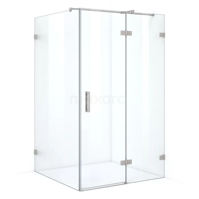 Glass shower enclosure square, transparent with chrome hinges and Handle, modern bathroom design.