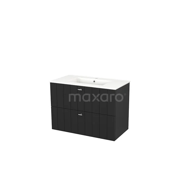 Black bathroom unit with two drawers and a white ceramic basin, modern design ideal for stylish bathroom decor.