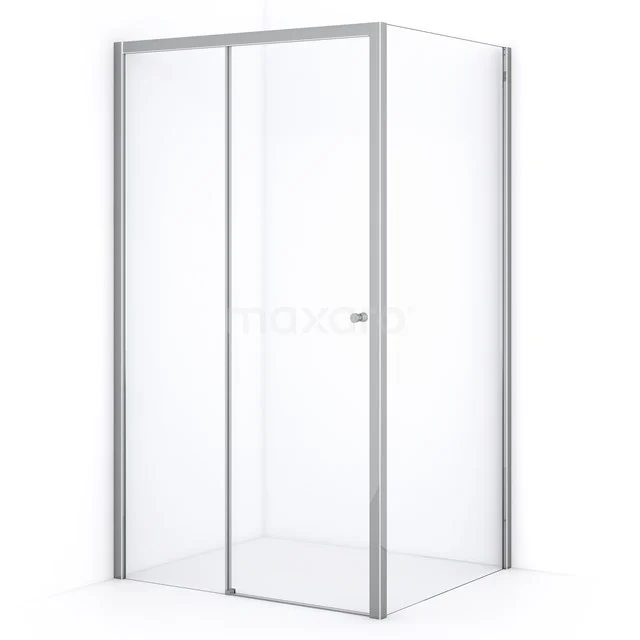 Square shower enclosure with sliding door, clear glass and silver aluminium profiles, ideal for a modern bathroom.