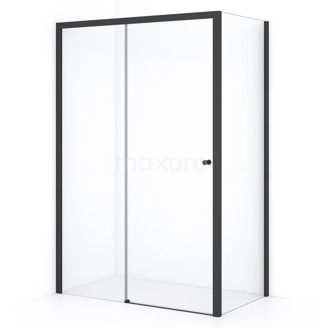 Schwarze Duschkabine mit Schiebetür, modernes Design, aus mattem Aluminium und Klarglas, ideal für ein stilvolles Badezimmer.