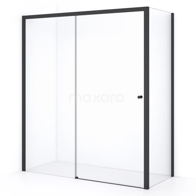 Black aluminium shower screen with sliding door, clear glass, modern design; ideal for a stylish bathroom upgrade.