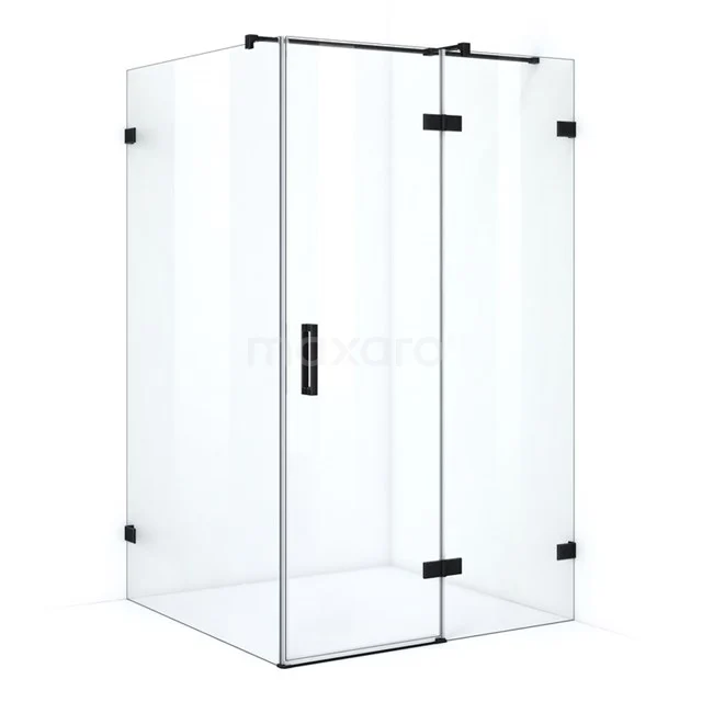 Luxe begehbare Dusche aus Klarglas mit schwarzen Akzenten, elegantes Design für ein modernes Badezimmer.