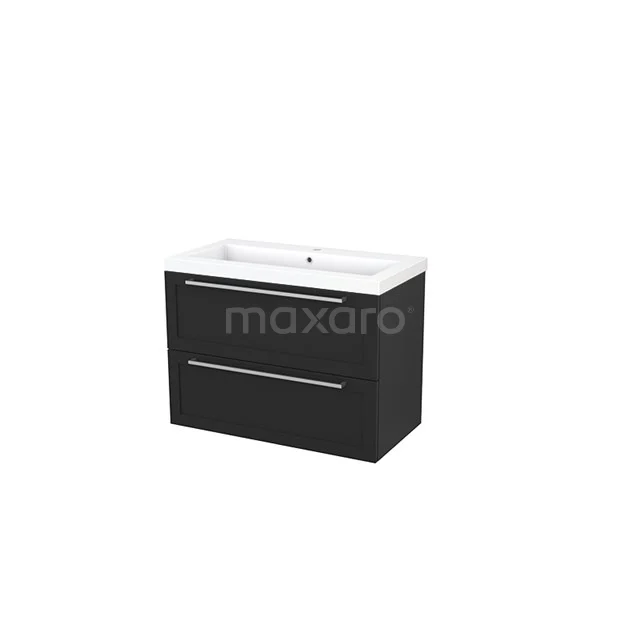 Modulo+ Vanity units with basin | 90 cm Carbon front Mineral marble 2 Stacked drawers BMP003009 Black bathroom furniture set with two drawers, modern design, white Basin, ideal for stylish bathroom decor.
