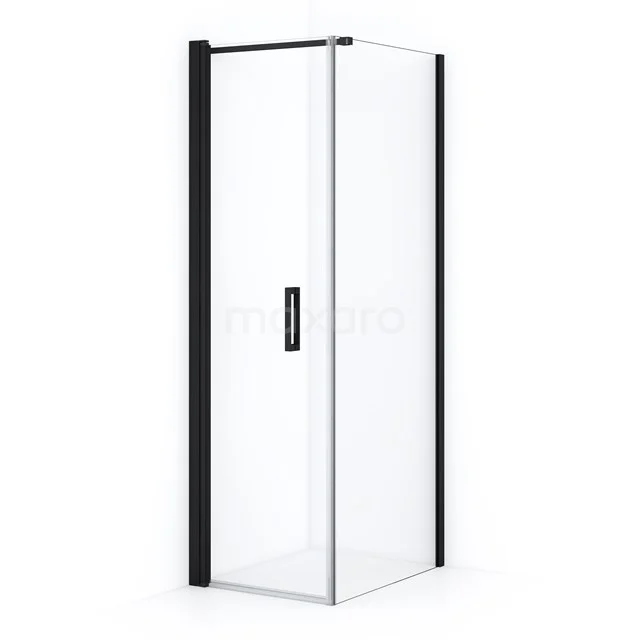 Shower enclosure square with black frame, clear glass and pivot door, perfect for a sleek and modern bathroom style.