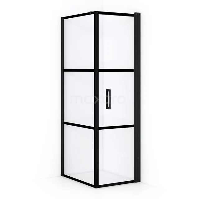 Mat zwarte industriële douchecabine met helder glas, rechte hoeken en een modern ontwerp; ideaal voor een stijlvolle badkamer.