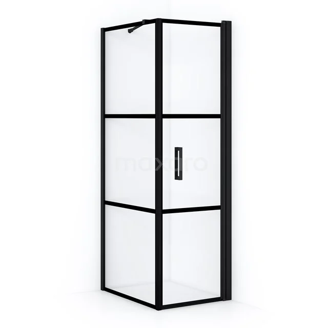 Zwarte douchecabine met helder glas, industrieel ontwerp en aluminium frame; perfect voor een stijlvolle badkamer inrichting.