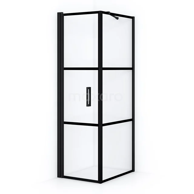 Zwarte hoekdouche met helder glas en stalen frame, ideaal voor moderne badkamers. Elegant design, geschikt voor compacte ruimtes.
