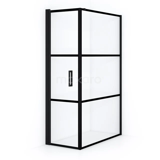 Schwarze industrielle Duschkabine mit Glaspanelen, Metallrahmen und schickem modernem Design für ein stilvolles Badezimmer.