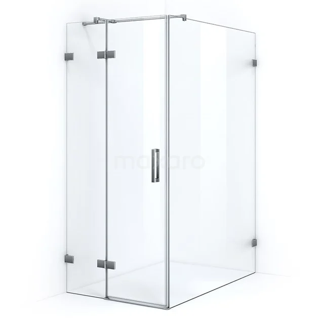 Glas Duschkabine, Eckmodell mit transparenten Wänden und metallischen Scharnieren, perfekt für ein modernes Badezimmer.