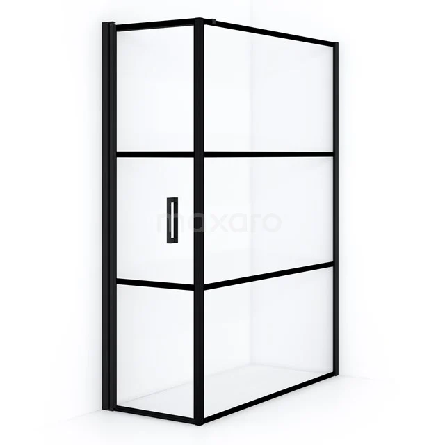 Schwarze industrielle Duschwand mit mattschwarzem Rahmen und Klarglas, perfekte Ergänzung zu einem modernen Badezimmer.