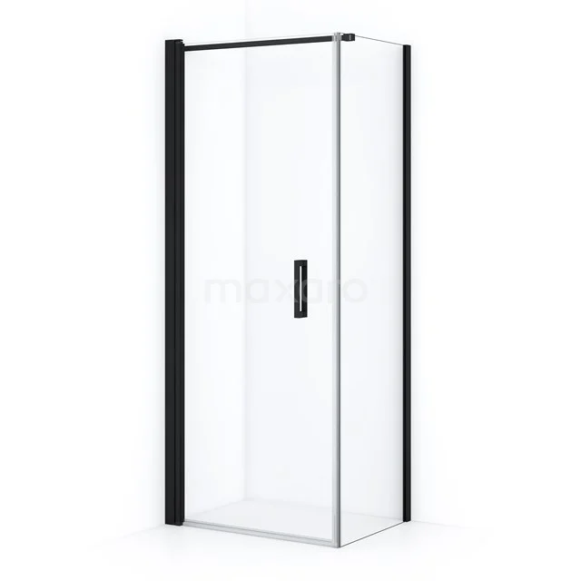 Shower door with clear glass, matt black hinges and Handle, ideal for modern bathroom design.