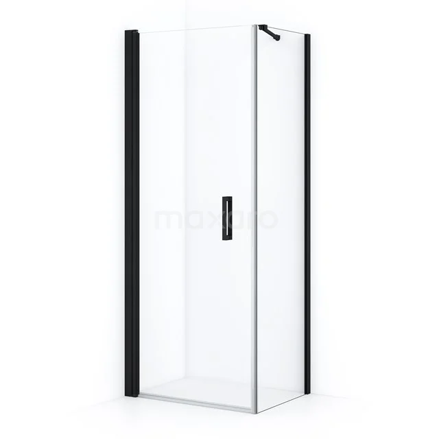 Sleek glass shower enclosure with black frame, corner step, modern design; perfect for a stylish bathroom.
