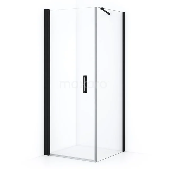 Shower enclosure square, clear glass with black accents, space-saving design for modern bathroom style.