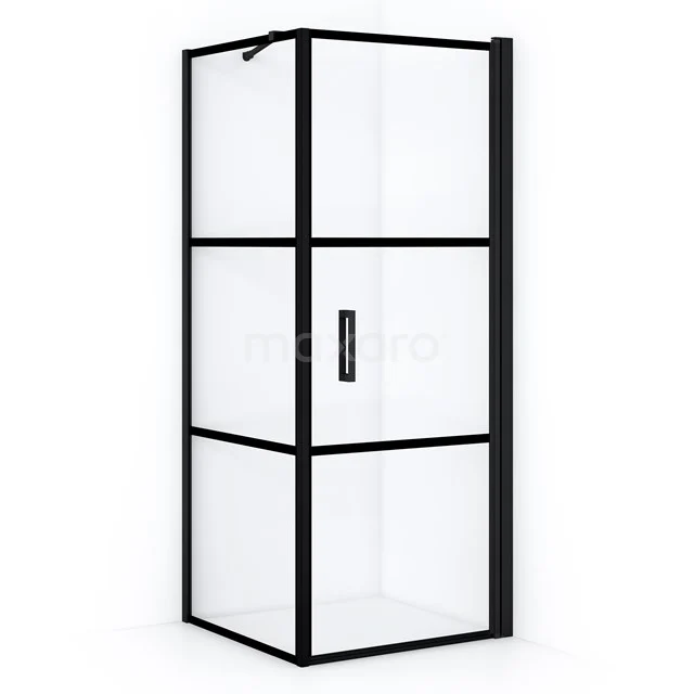 Schwarze industrielle Duschkabine mit quadratischer Form und mattschwarzen Profilen, perfekt für einen modernen Badezimmerstil.