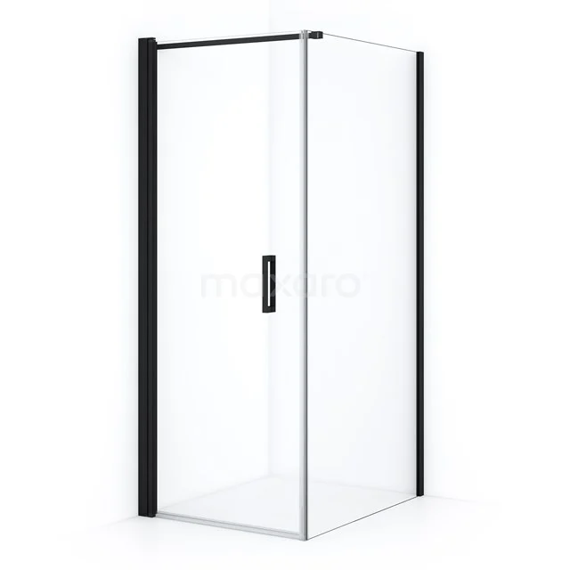 Modern glass shower enclosure with black frame, tight corners and pivot door. Perfect for stylish bathroom décor.