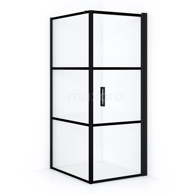 Black corner shower cabin with clear glass and aluminium frame, ideal compact solution for a modern bathroom.