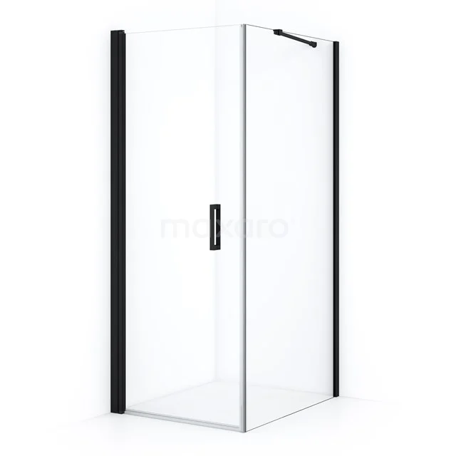 Eckdusche mit schwarzem Rahmen, Klarglas und Türknopf; modernes Design, ideal für eine stilvolle Badezimmerrenovierung.